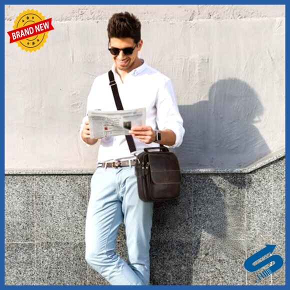 Genuine Leather Messenger Bag Crossbody Shoulder Bag for iPad Business Travel